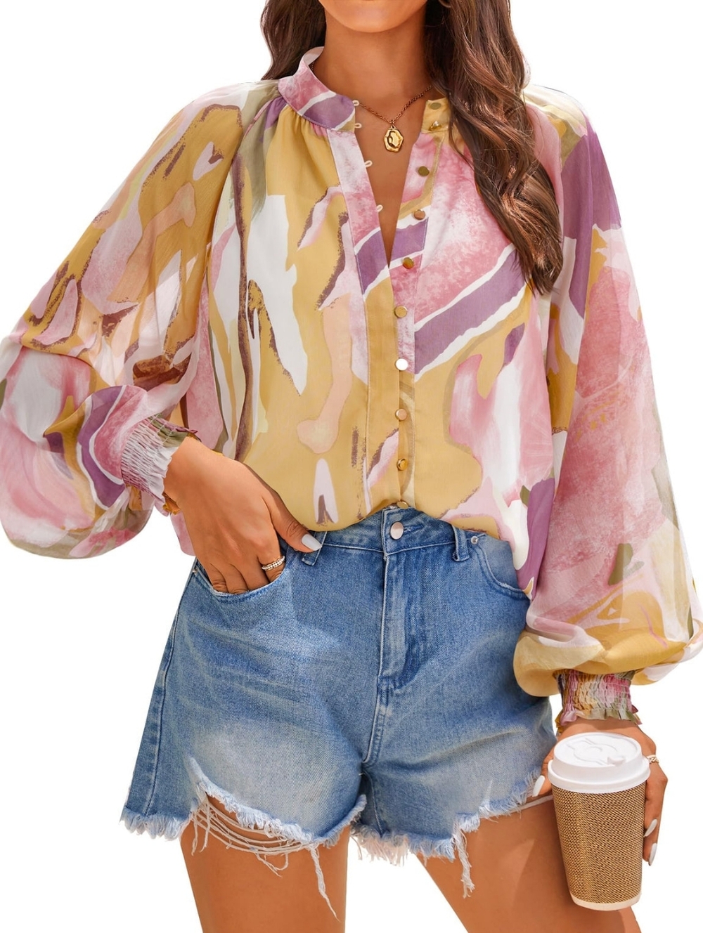 ZESICA Abstract Print Balloon Sleeve Blouse - Pink/Yellow